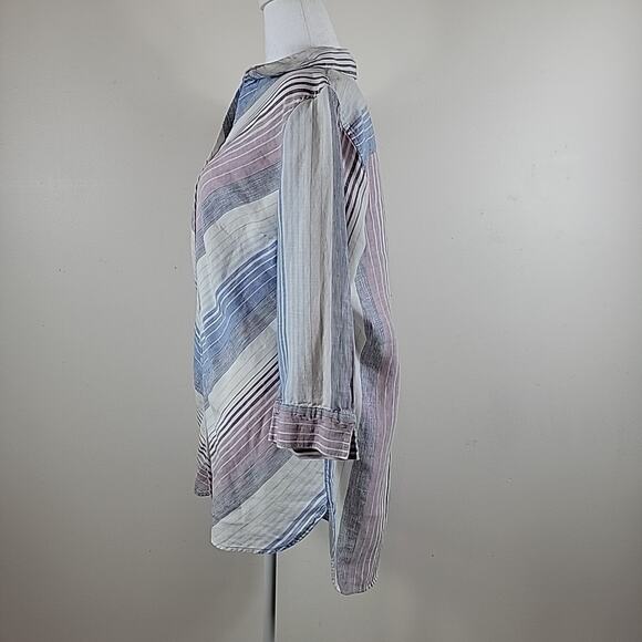 Chicos Linen Top Womens 2 White Pin Stripes Button Down No Iron Coastal Nautical - Picture 3 of 12